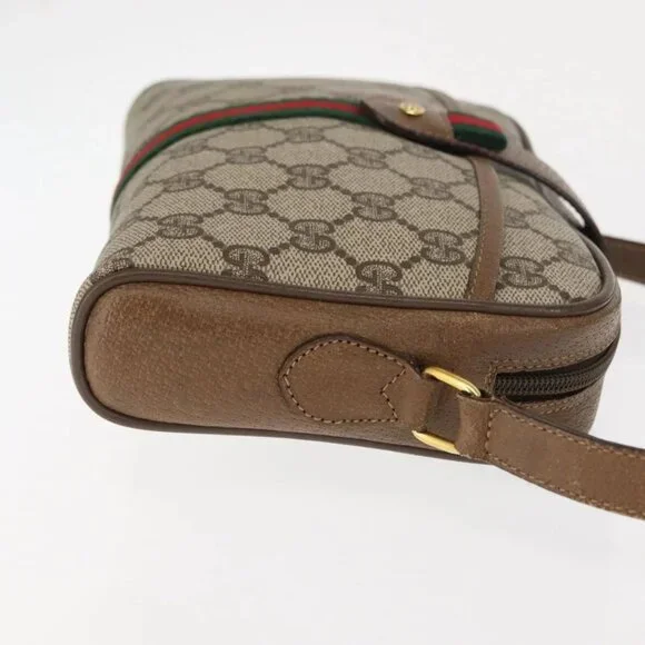 GUCCI GG Canvas Web Sherry Line Shoulder Bag PVC Leather Beige Green